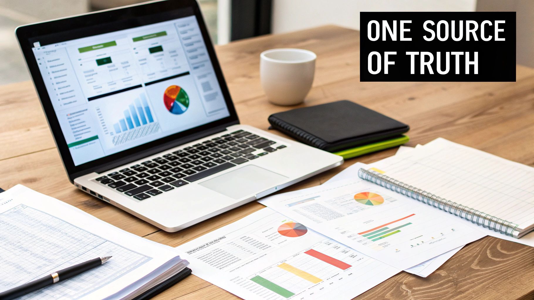 Laptop, documents with charts, a pen, and office supplies on a wooden desk.