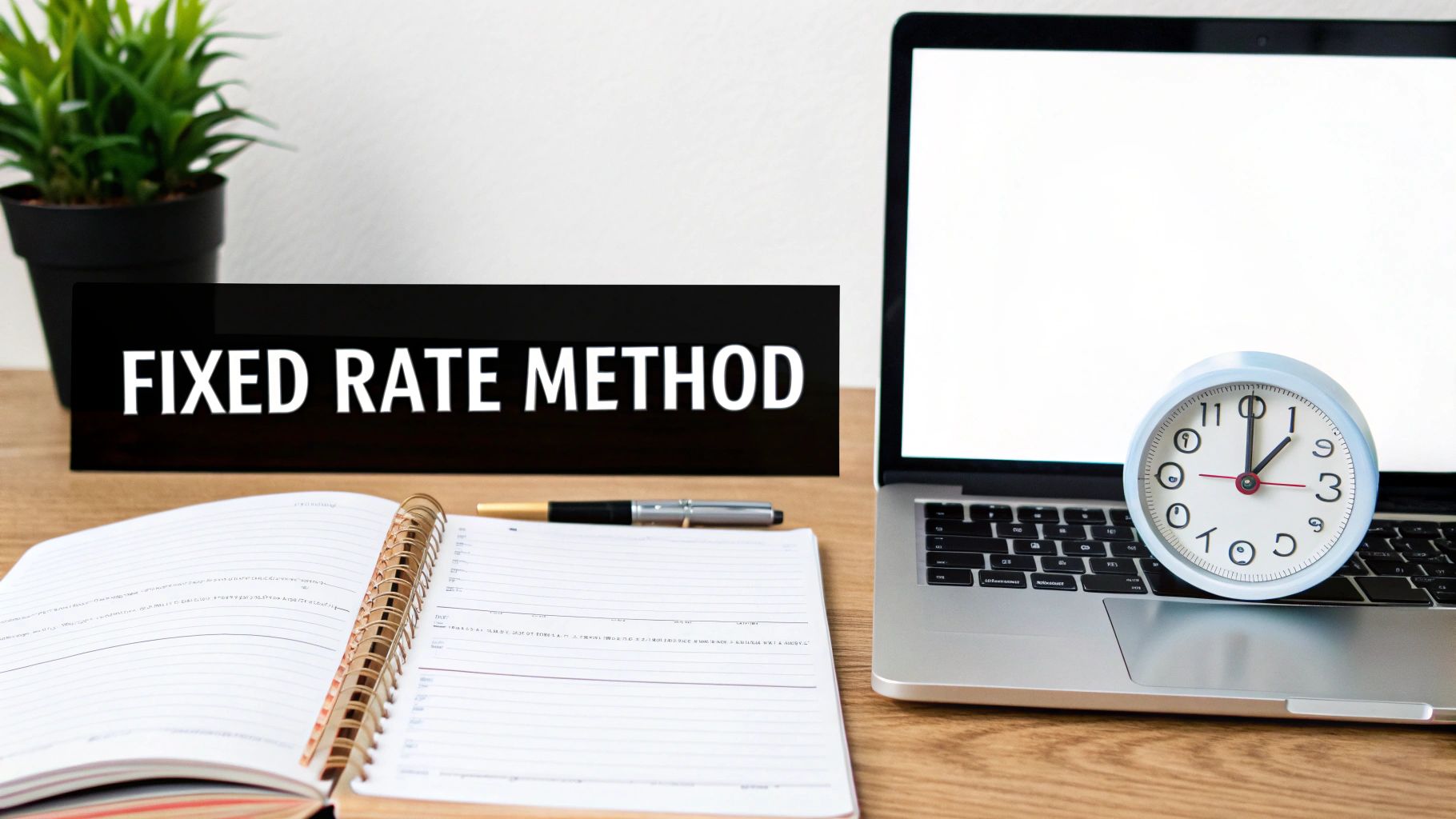 Desk setup with a 'FIXED RATE METHOD' sign, laptop, clock, and an open notebook.