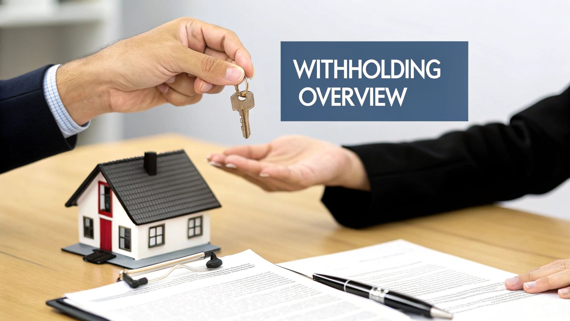 Hands exchanging a house key over documents and a miniature house, featuring 'WITHHOLDING OVERVIEW' text.