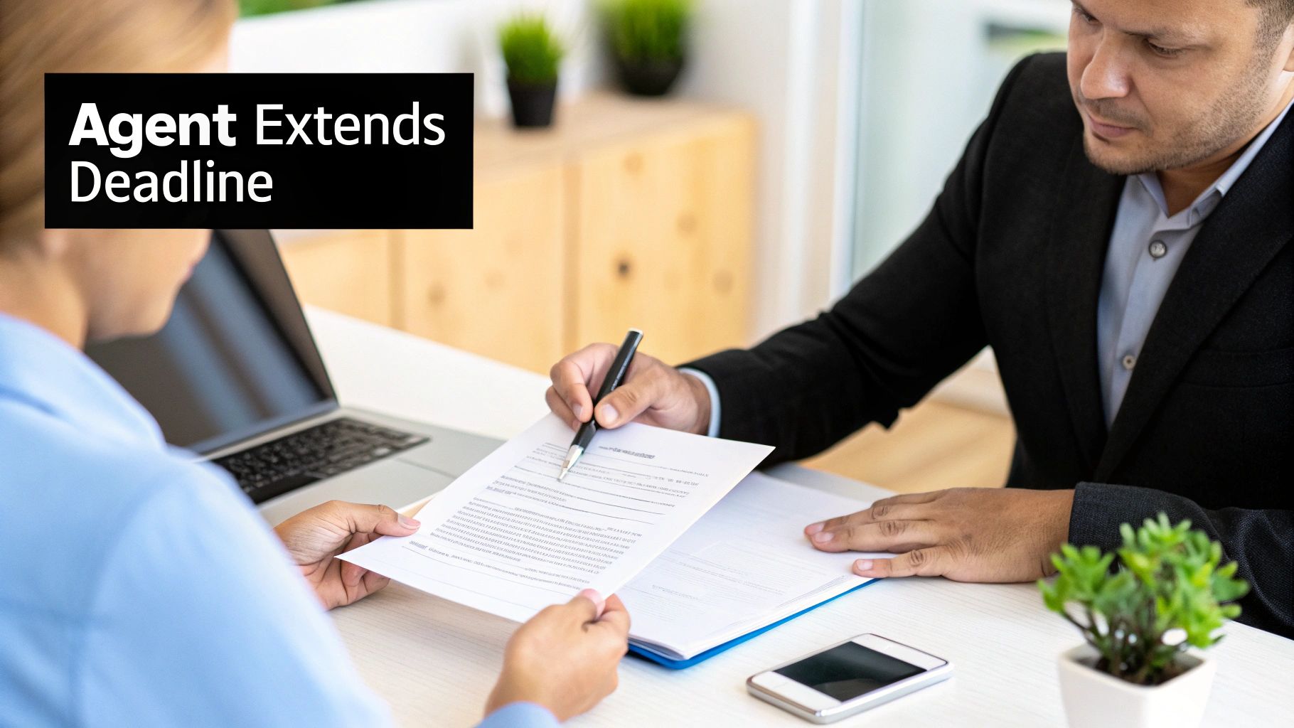 A professional tax agent reviewing documents with a client in a modern office.