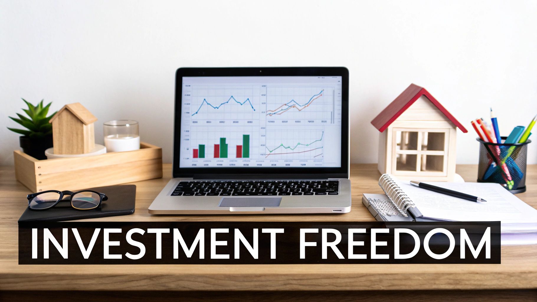 A desk setup with a laptop showing financial charts, a house model, and the text 'INVESTMENT FREEDOM'.