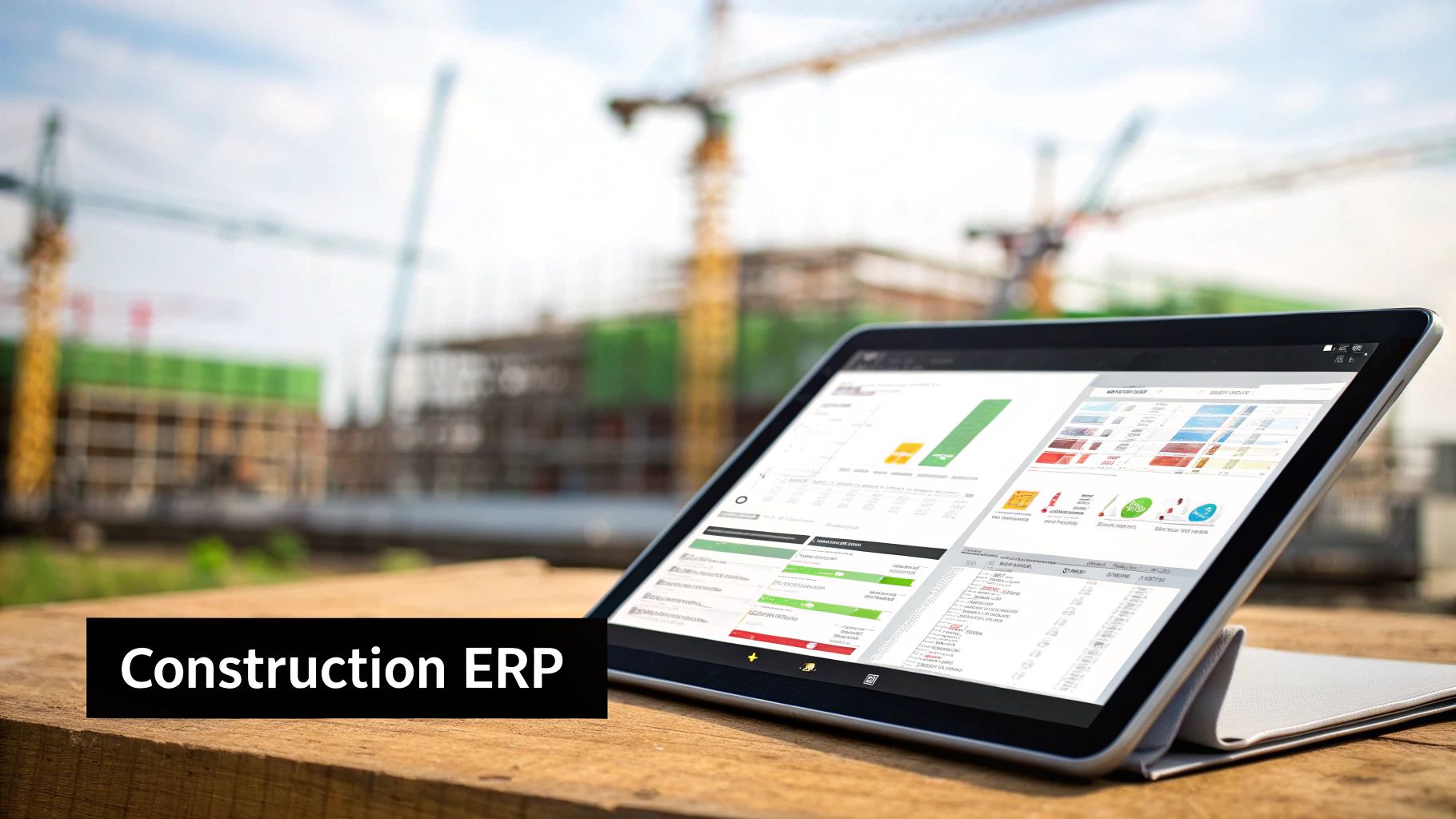Tablet displaying construction ERP software analytics on a wooden table, against a blurred construction site.