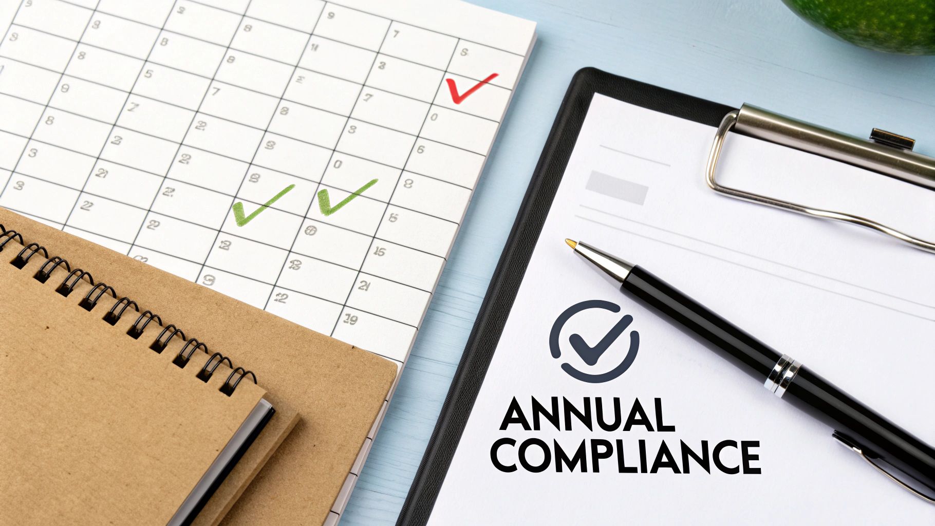A calendar, notebook, and clipboard with 'ANNUAL COMPLIANCE' text, highlighting regulatory tasks.