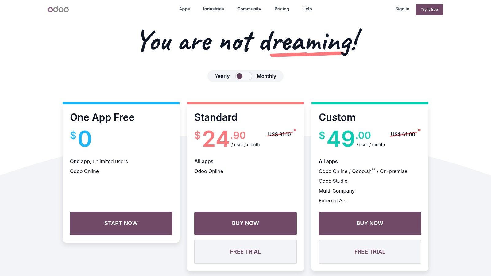 Odoo's modular pricing plan showing different app costs