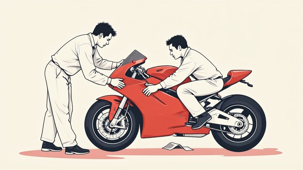 A professional applying a vinyl wrap to a motorcycle's fuel tank with a squeegee.