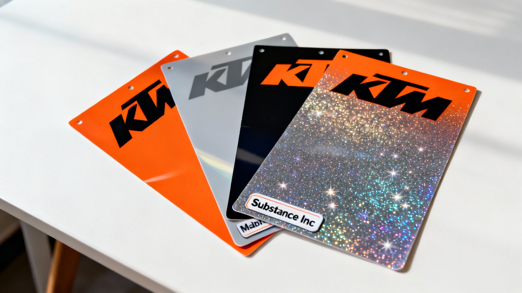 KTM branded motorcycle number plate backgrounds in orange, silver, black, and holographic glitter finish