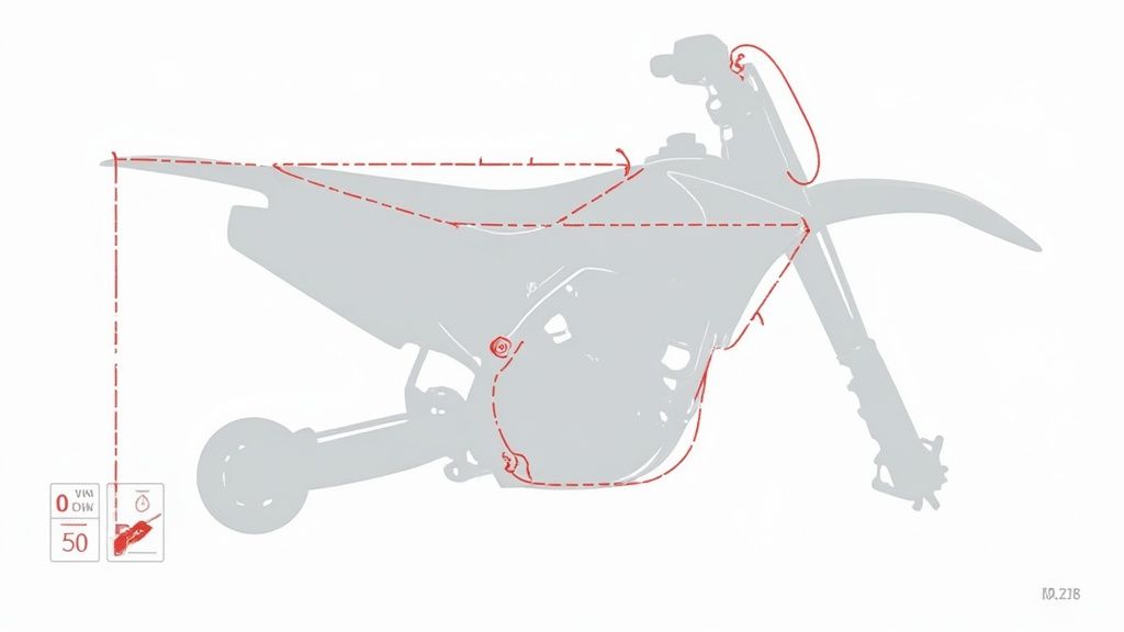 A person installing new white plastics on a dirt bike.