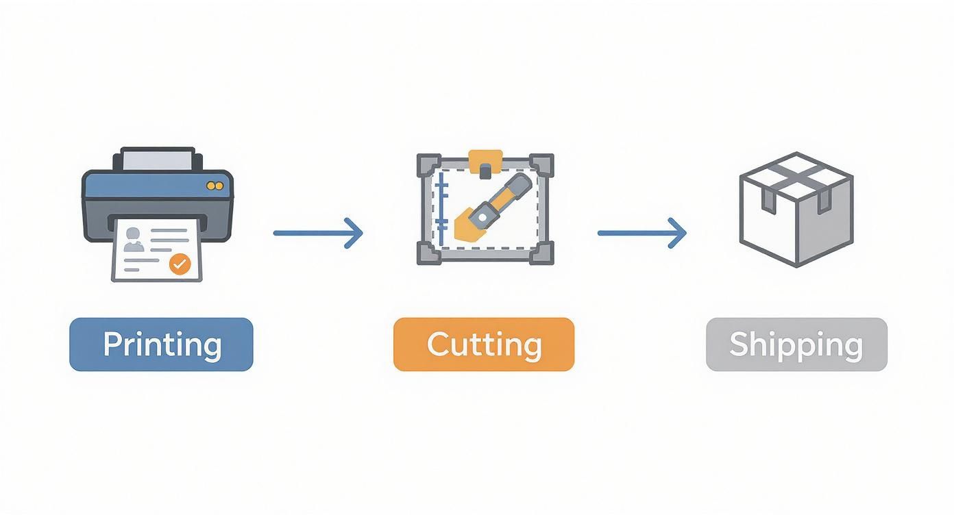 Three-step workflow process showing printing, cutting with laser cutter, and shipping in boxes