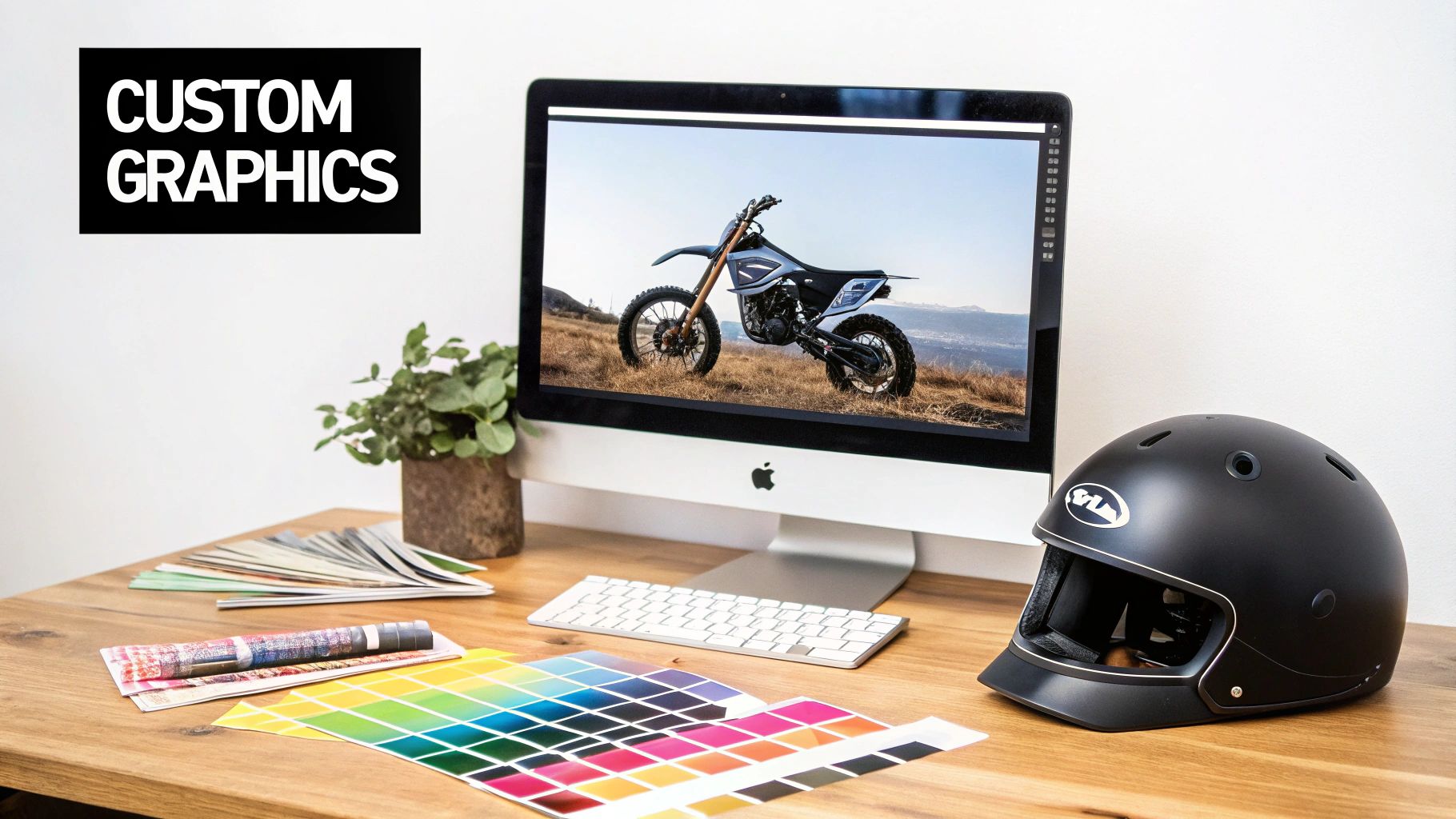 A motocross bike with custom graphics standing on a dirt track