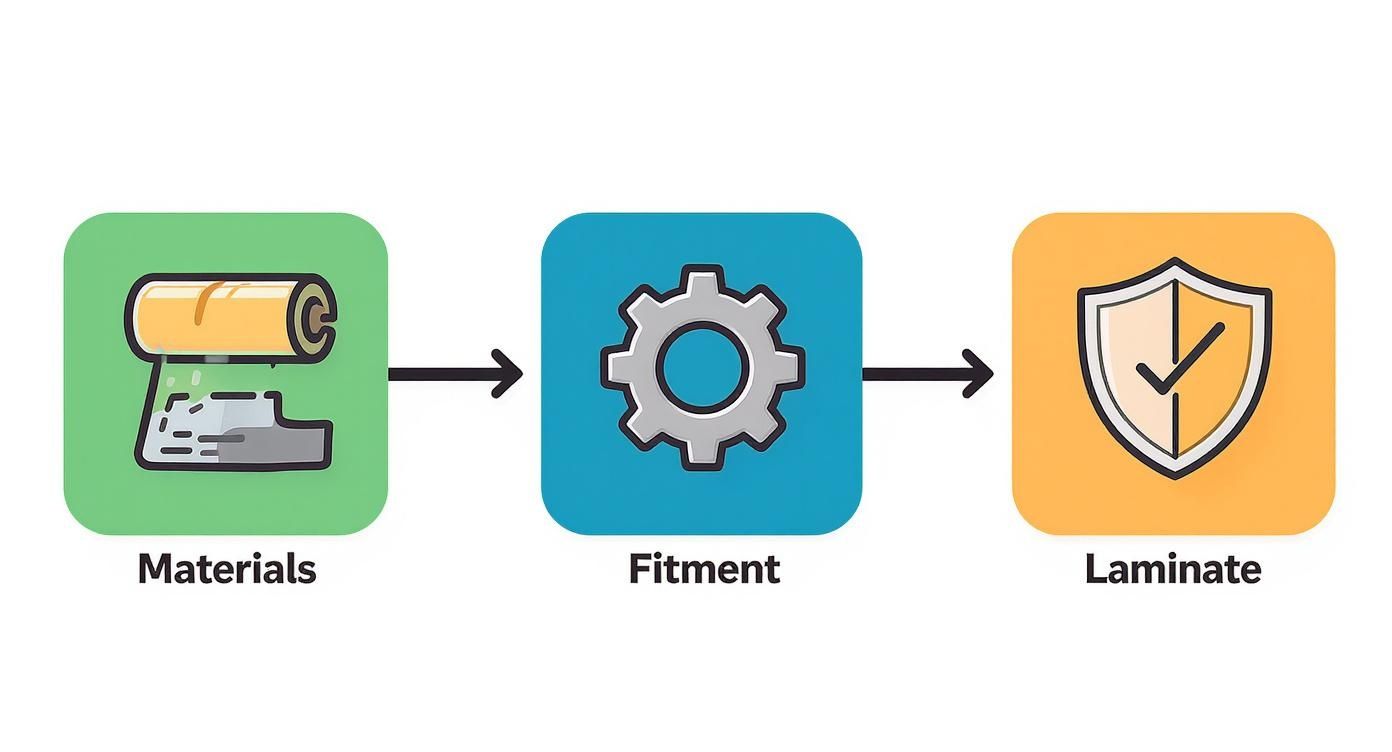 Infographic showing the process flow of a flawless graphics kit, from materials to fitment and laminate.