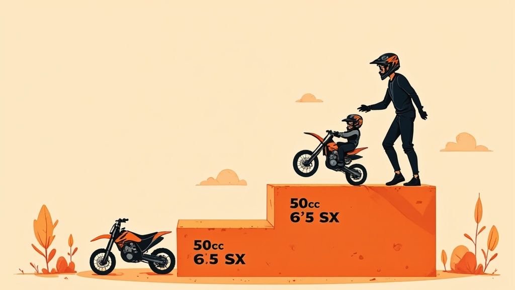 A young rider on a KTM 65 SX mid-jump on a motocross track, showcasing the bike in action