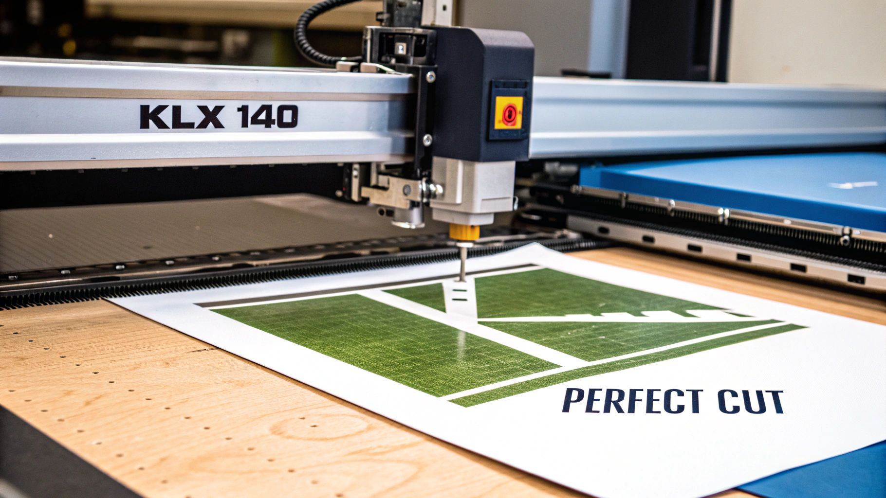 A detailed close-up of a precision--cut KLX 140 graphic decal, showing clean edges and perfect alignment around a bolt hole.