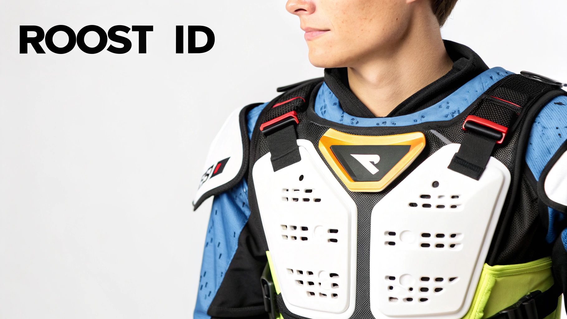 A motocross rider's body armour featuring a custom roost ID sticker.