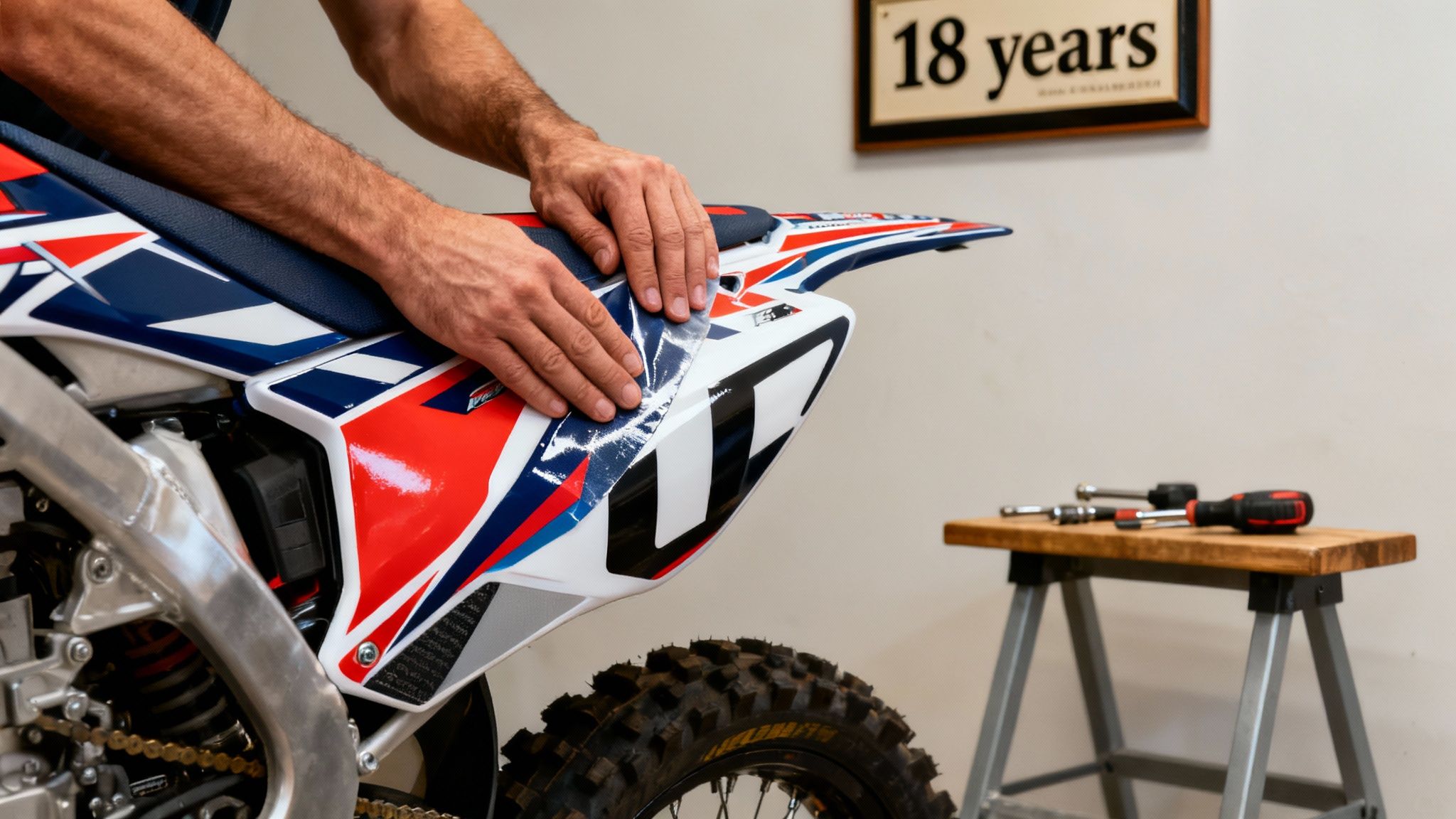 A rider on a motocross bike with vibrant custom MX graphics, kicking up dirt on a track.