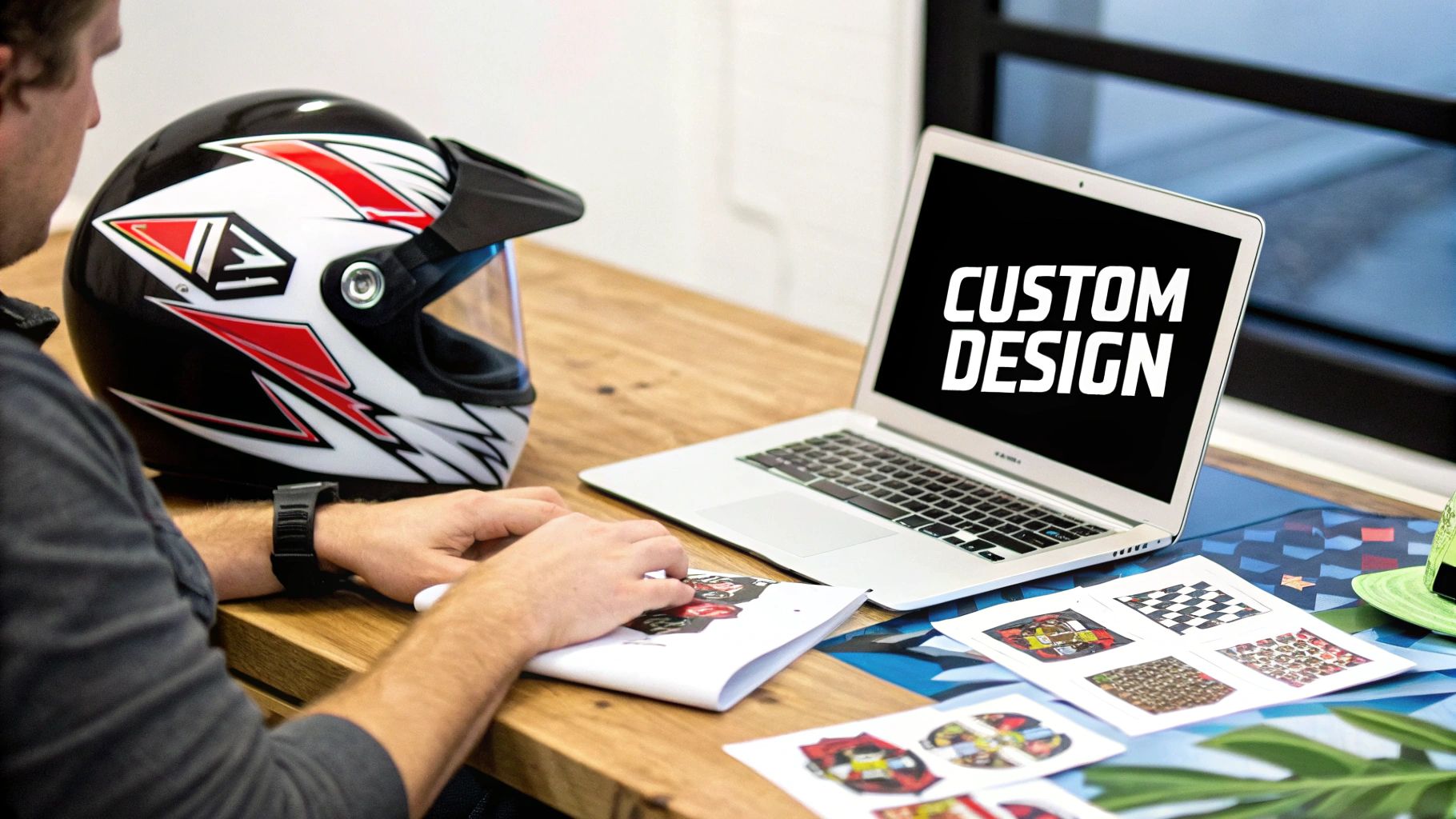 A dirt bike rider showing off their custom pink and blue MX graphics on the track.