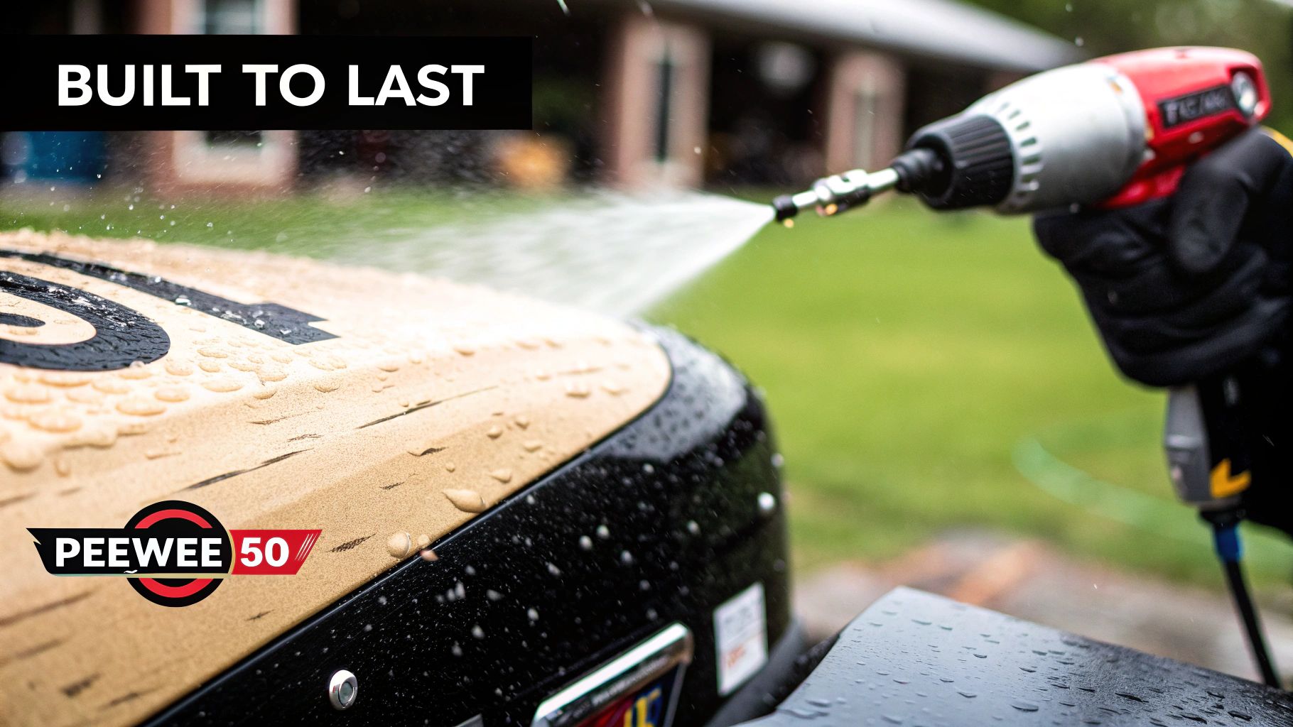 A close-up of a high-quality, durable sticker on a Peewee 50's plastic fender, showing vibrant colours and a protective laminate.