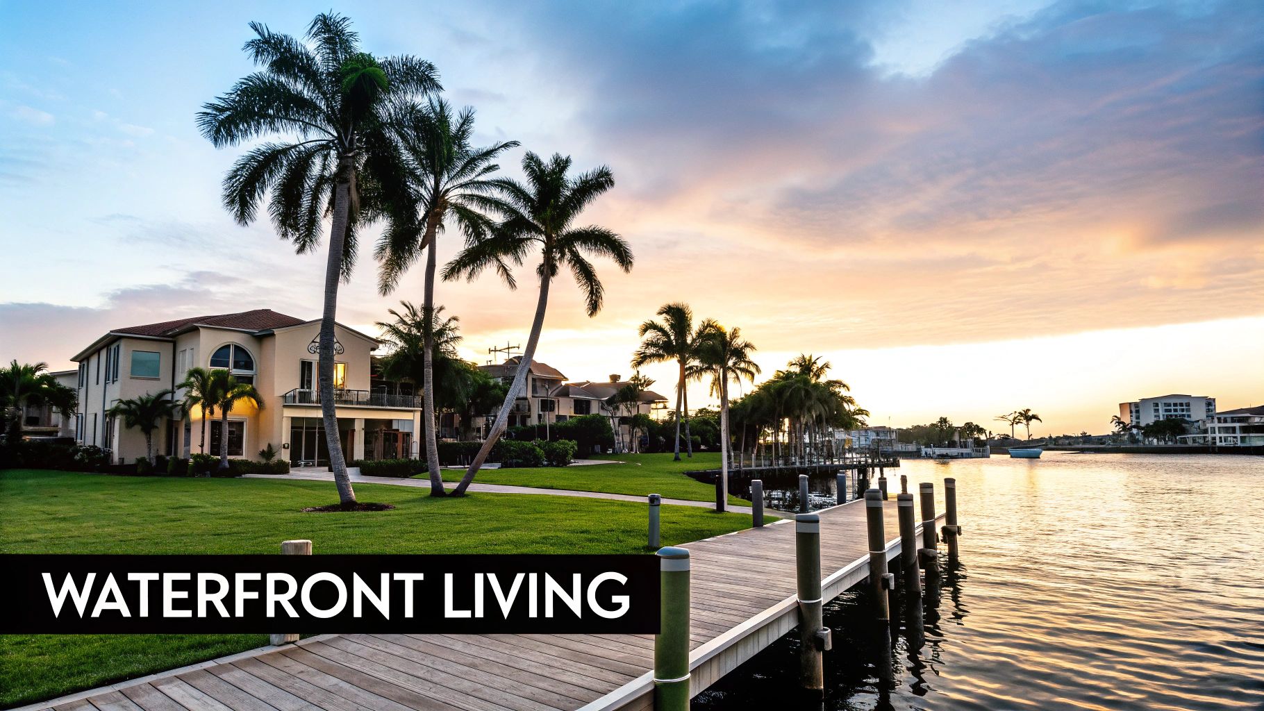 A luxurious waterfront house with palm trees and a wooden dock at sunset, highlighting a beautiful lifestyle.