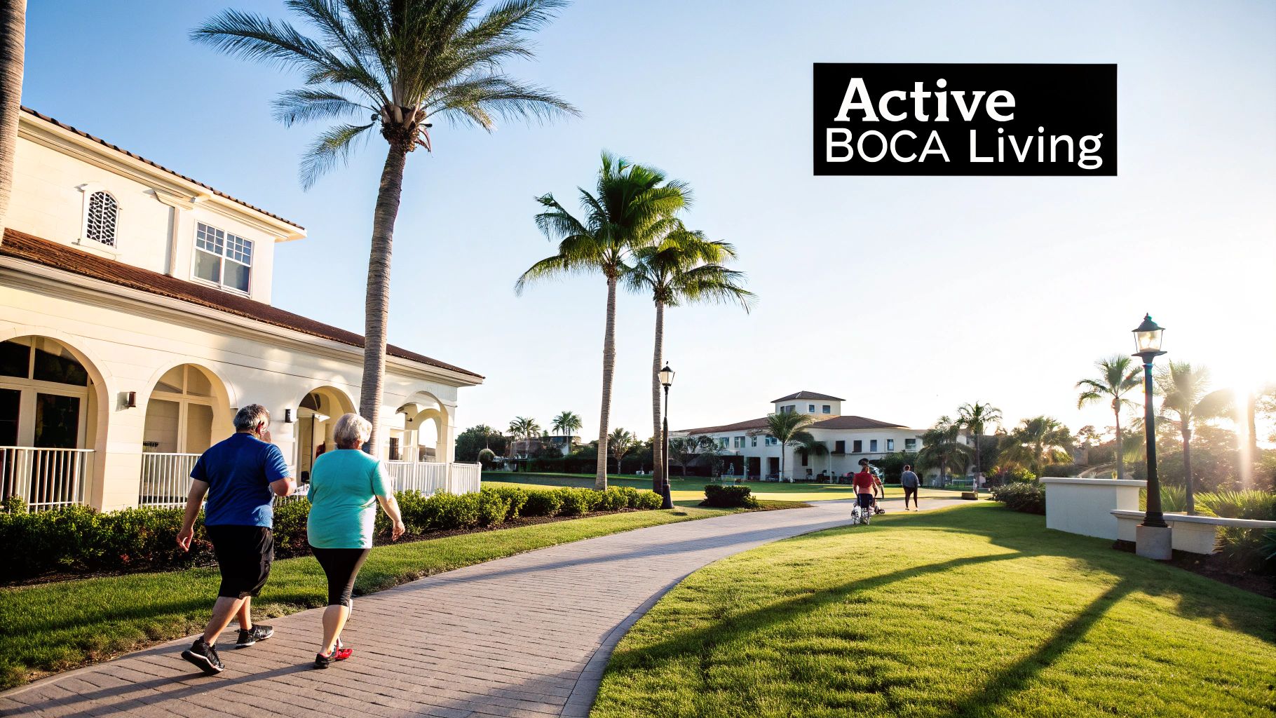 Senior couple walking on a paved path in a sunny tropical community with buildings and palm trees.