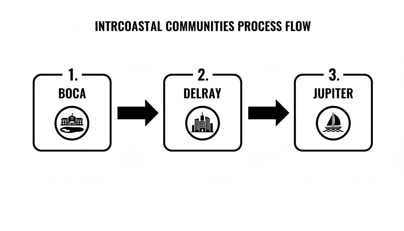 A black and white process flow illustrating intracoastal communities: Boca, Delray, and Jupiter.