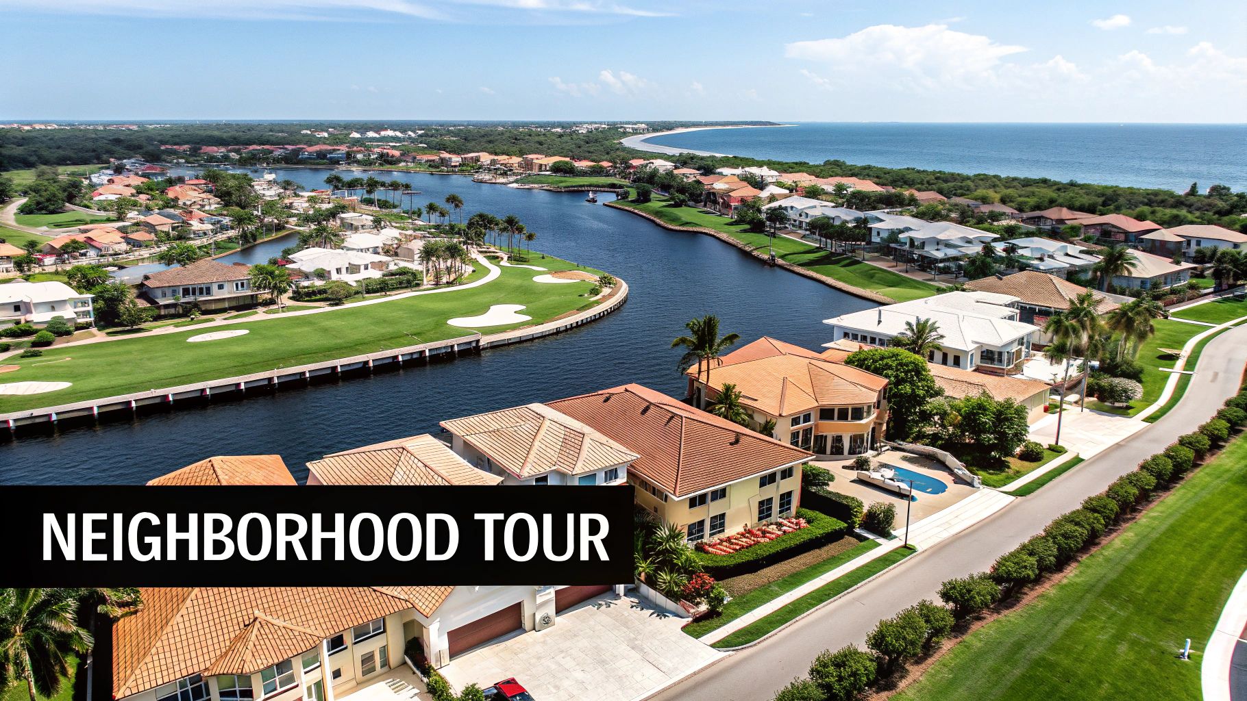 Aerial view of luxury waterfront homes, a golf course, and a canal leading to the ocean.