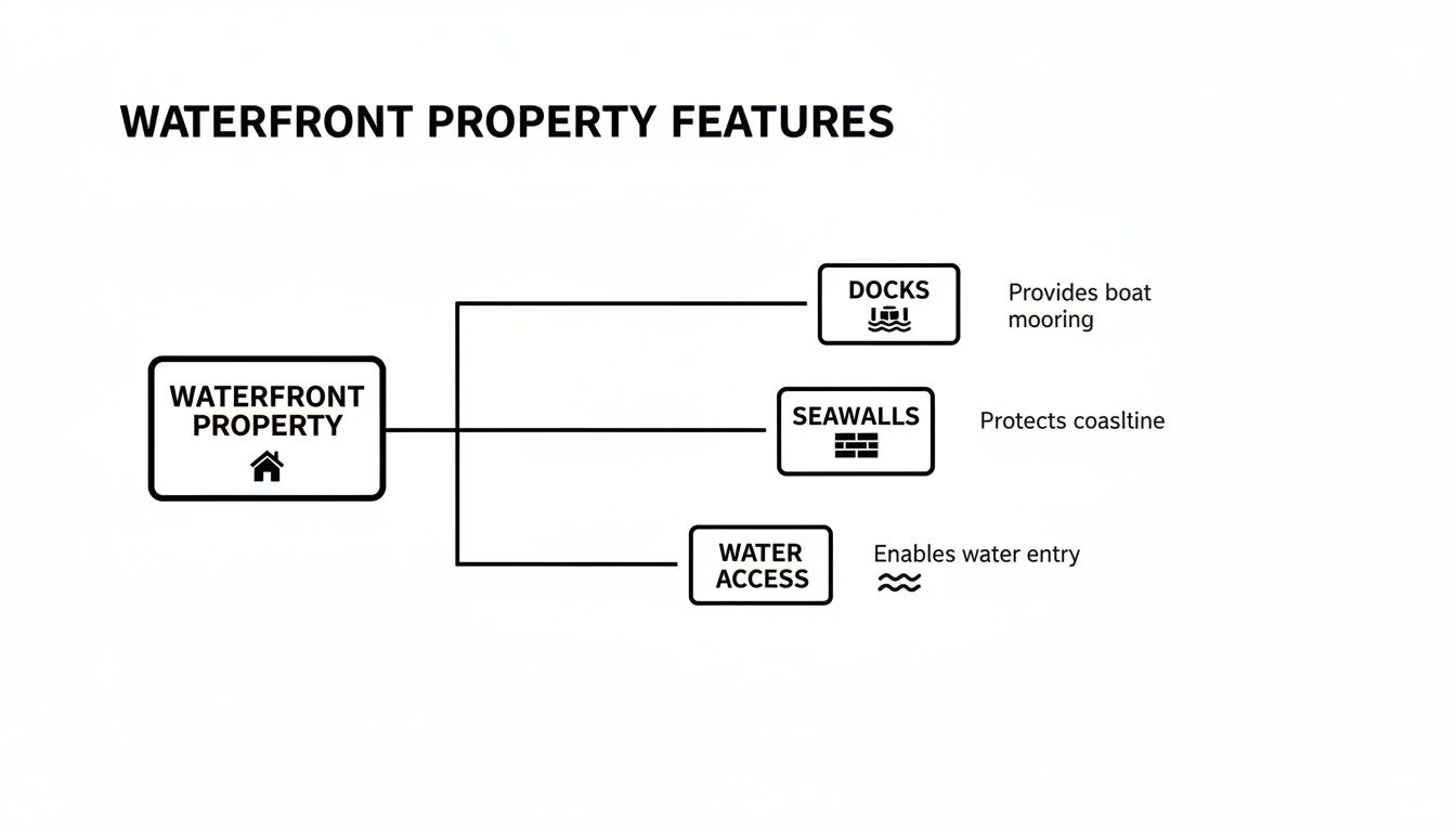 Flowchart illustrating waterfront property features: docks for boat mooring, seawalls, and water access.