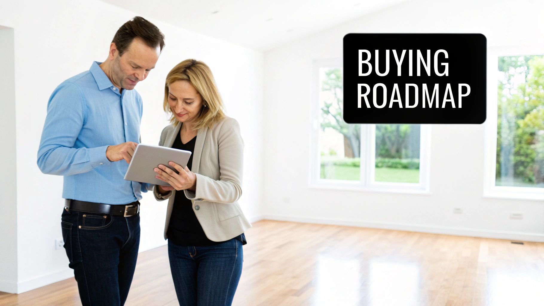 A real estate agent and client review a buying roadmap on a tablet in an empty modern home.