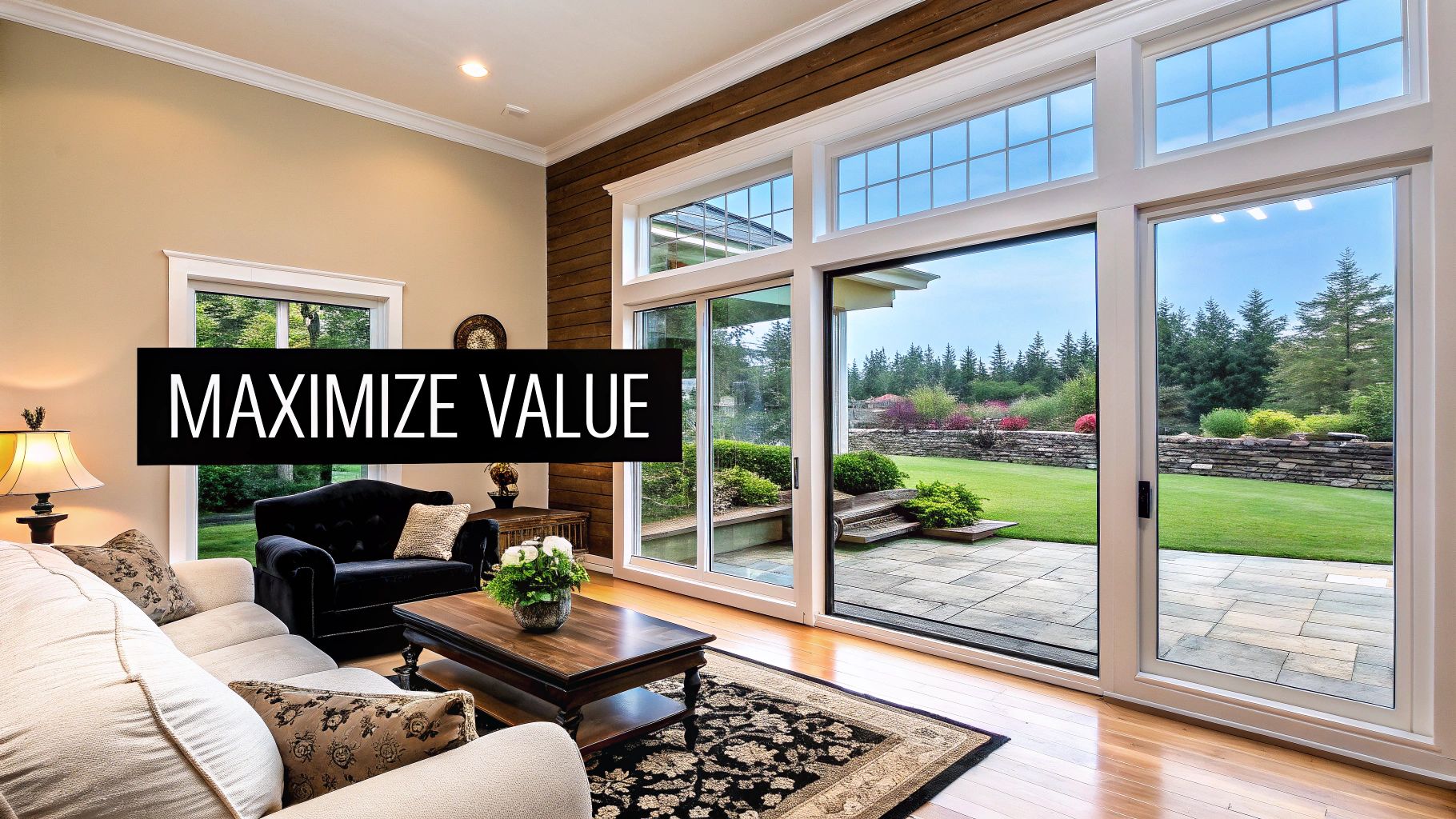 A bright, luxurious living room with a large glass door overlooking a manicured backyard, featuring 'MAXIMIZE VALUE' text.