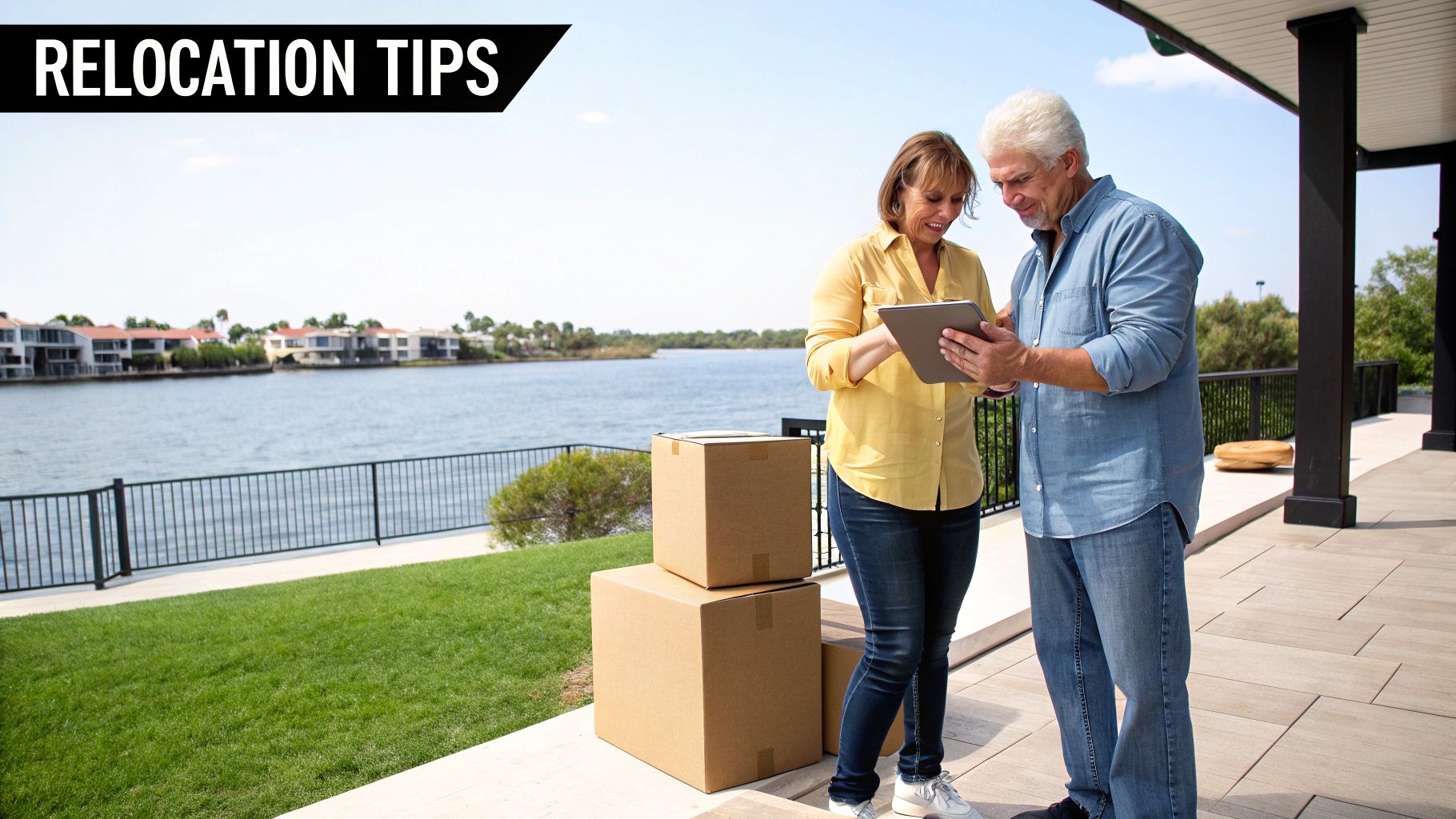 A smiling couple reviews information on a tablet next to moving boxes with a waterfront view.