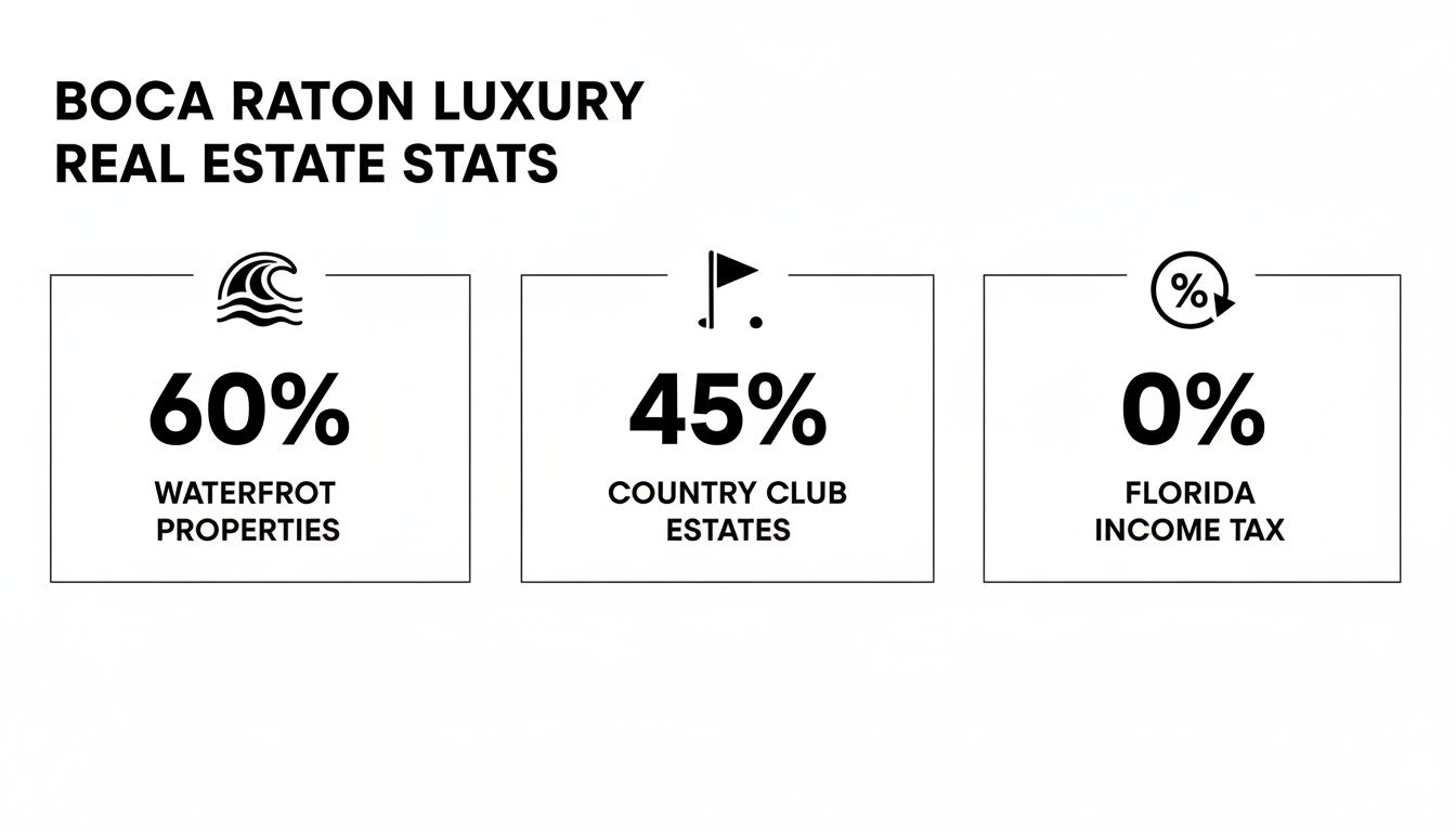 Infographic displaying key Boca Raton luxury real estate statistics, including waterfront properties and income tax.