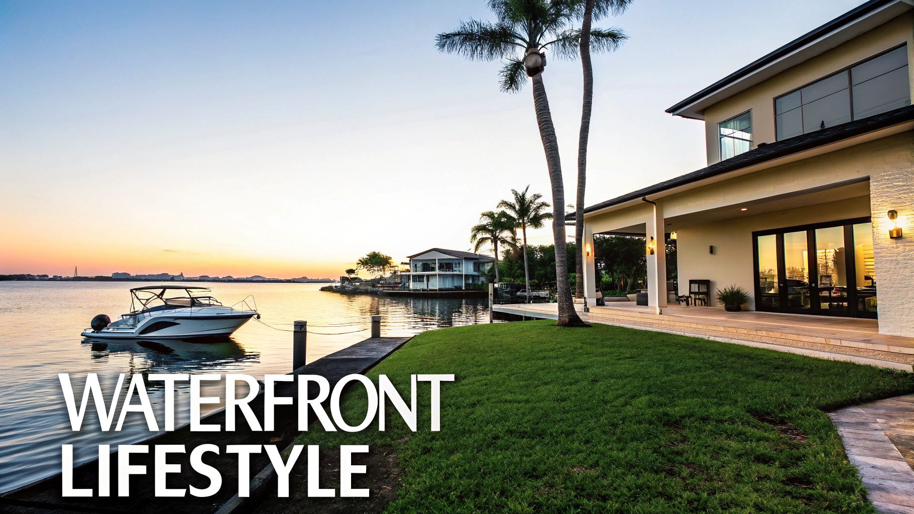 A serene sunset view of a luxurious waterfront home with a boat docked, surrounded by palm trees.