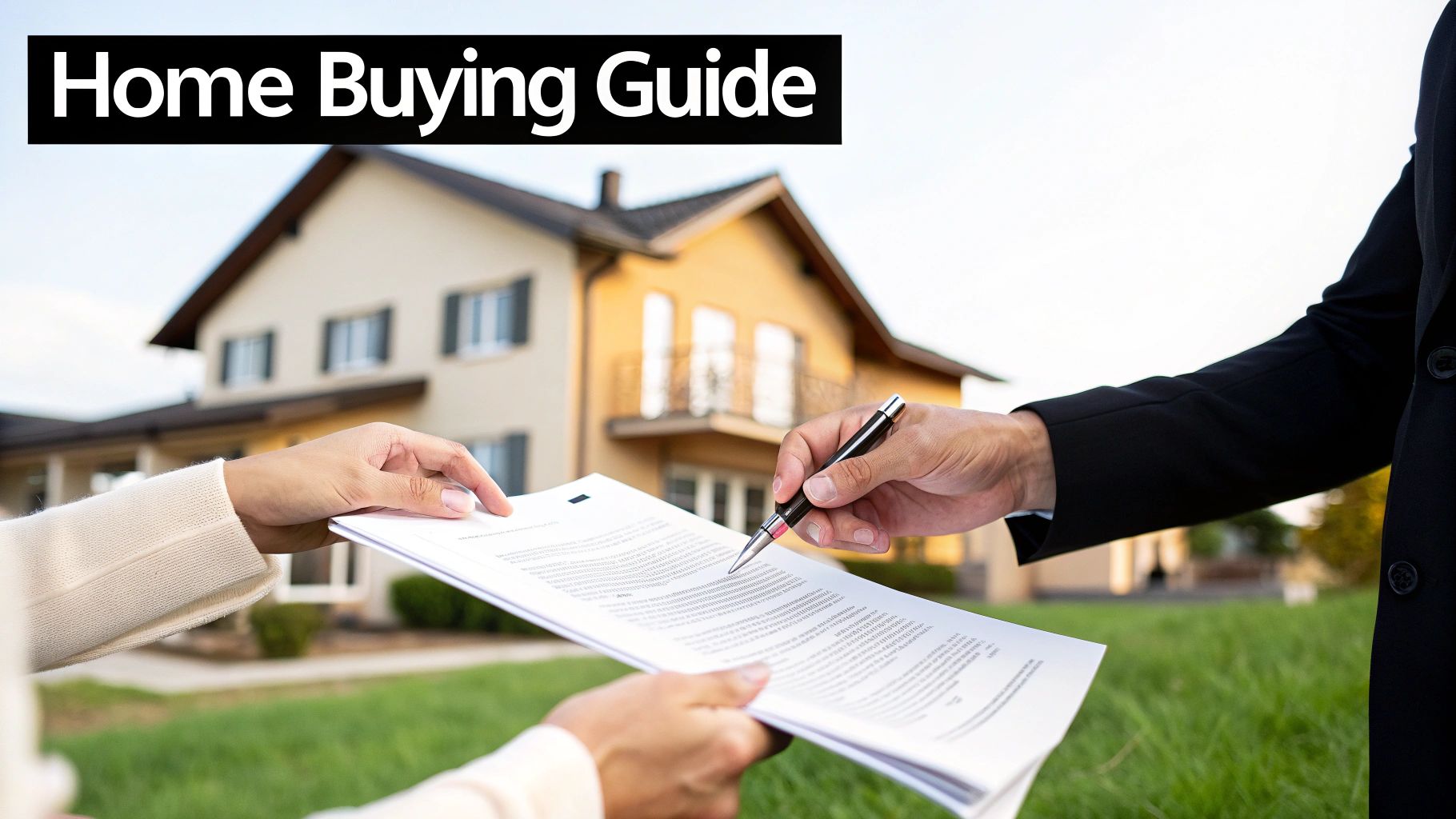 Two people signing a home buying guide document with a house in the background.