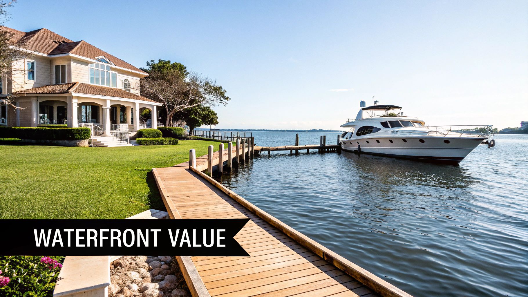 A grand waterfront house with a green lawn, a wooden dock, and a luxurious yacht on serene water, with a 'WATERFRONT VALUE' banner.