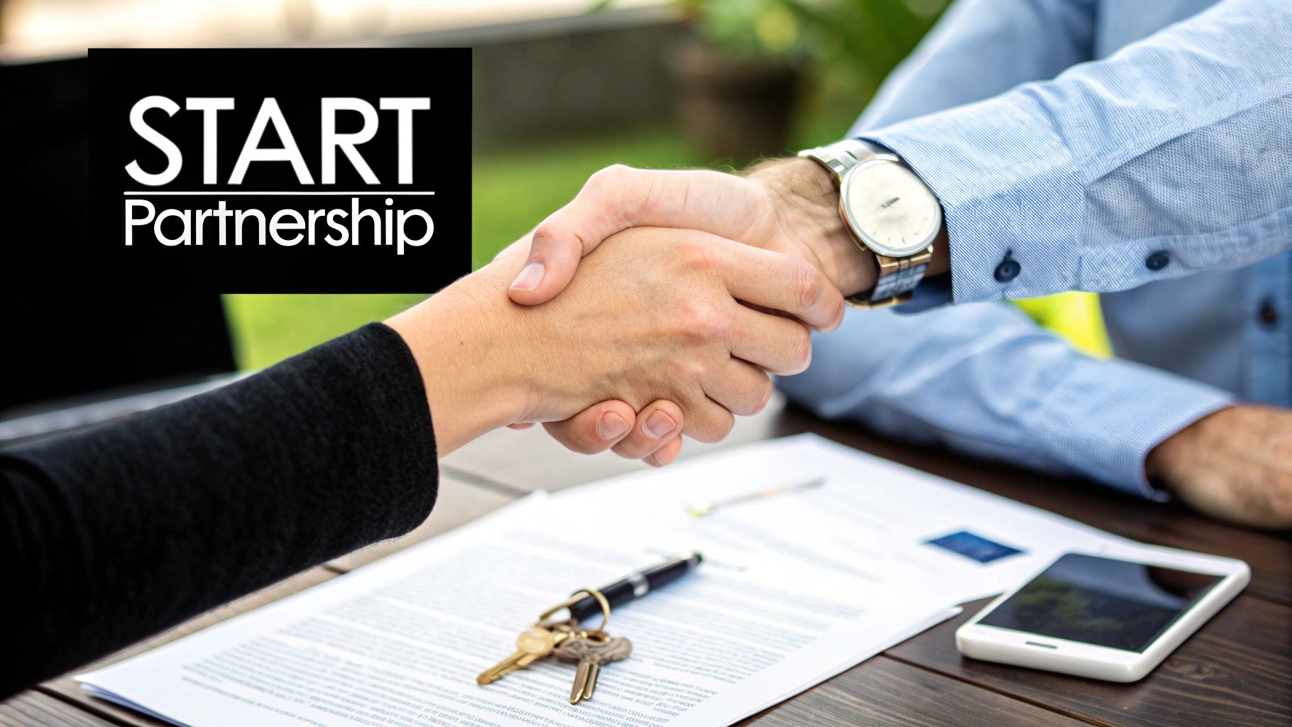Two people shaking hands over documents and keys, with 'START Partnership' text overlay.