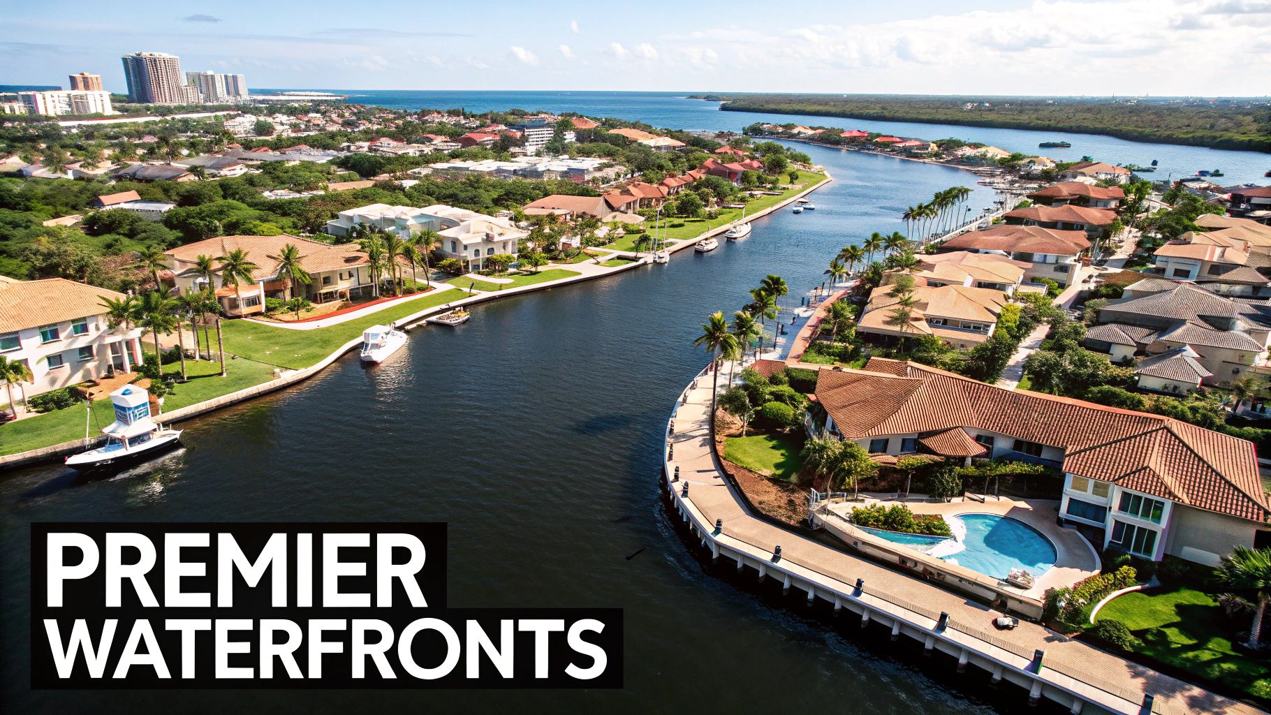 Premier waterfront homes with boats docked along a scenic canal leading to the ocean.