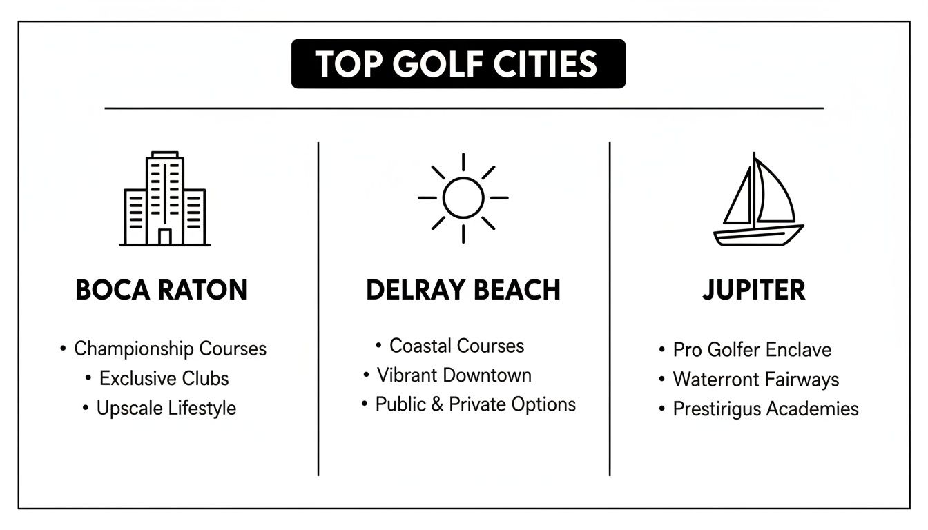 An infographic showcasing top golf cities: Boca Raton, Delray Beach, and Jupiter, with their unique golf features.