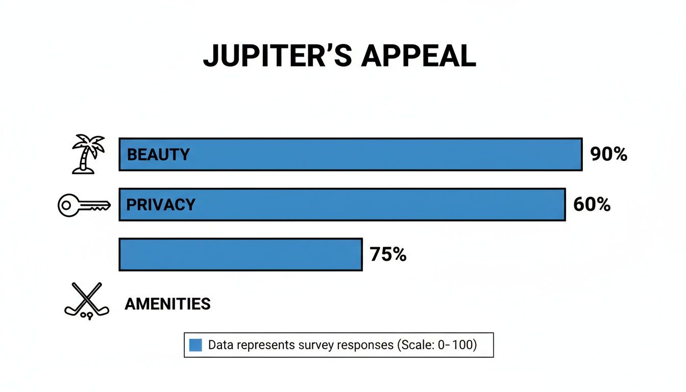 Bar chart illustrating Jupiter's appeal: 90% for beauty, 60% for privacy, and 75% for amenities.