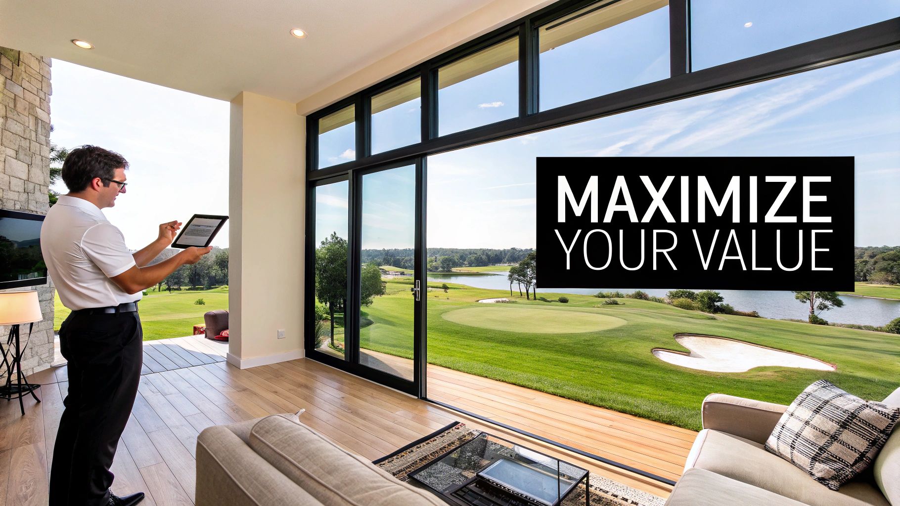 Man using a tablet inside a luxury home overlooking a beautiful golf course and lake.