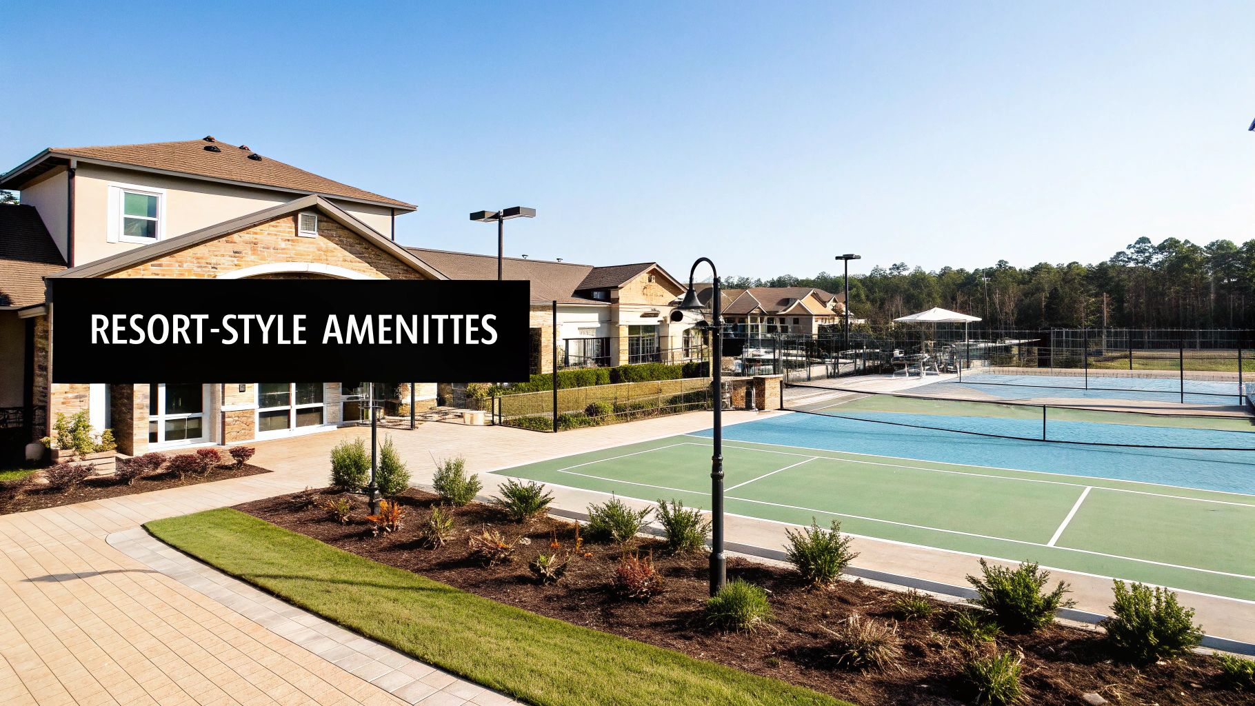 Resort-style amenities with a clubhouse and multiple tennis courts under a clear sky.