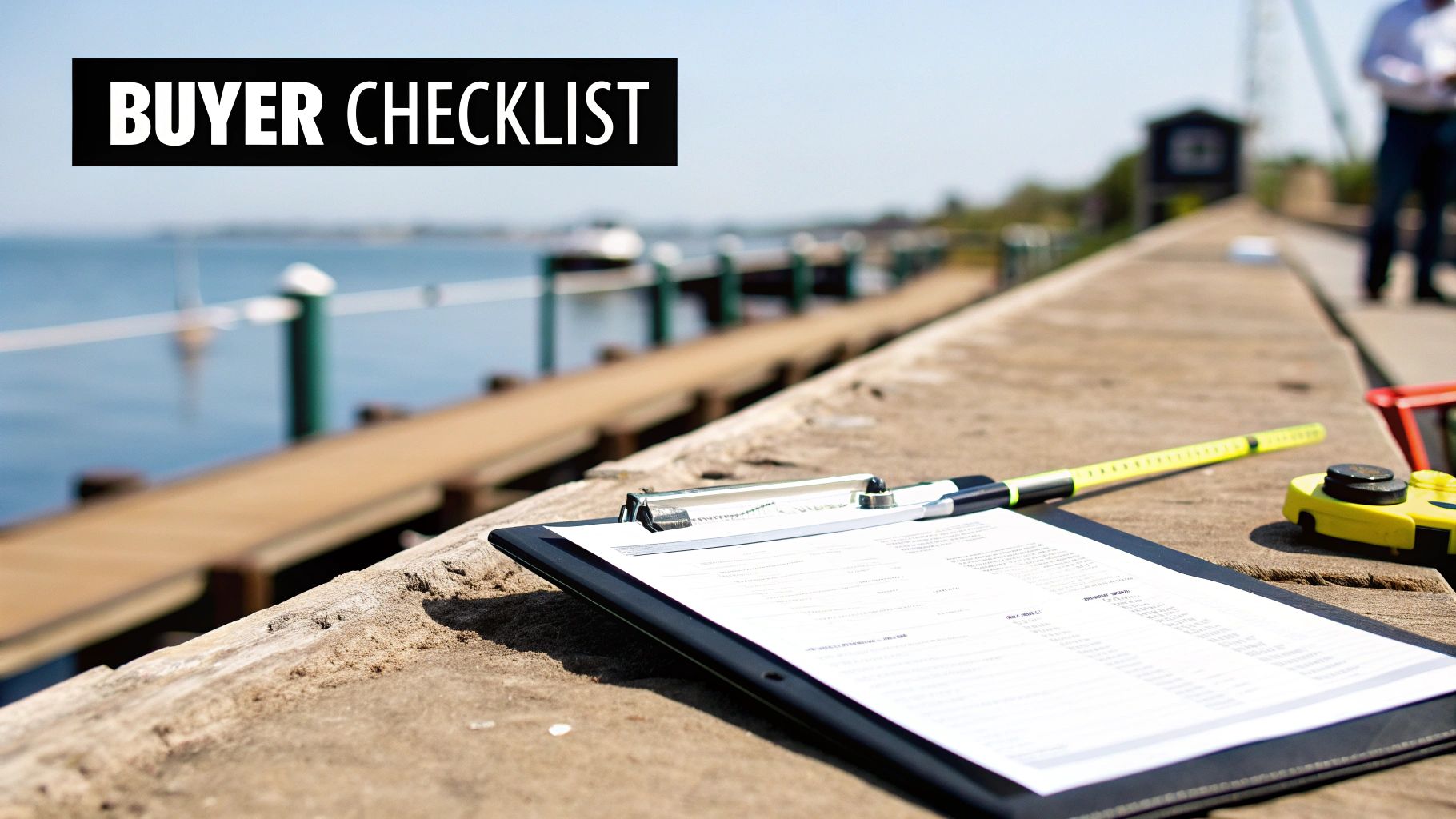 A buyer checklist on a clipboard with a pen and measuring tools rests on a pier by the water.