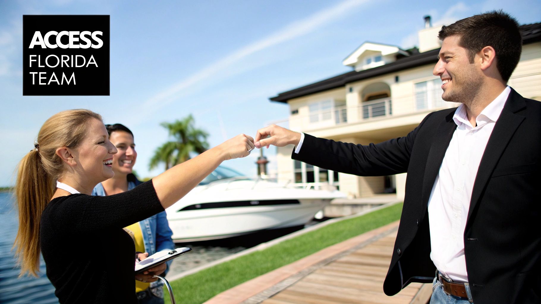 A real estate agent and client fist-bumping by a waterfront home with a boat, symbolizing a successful deal.