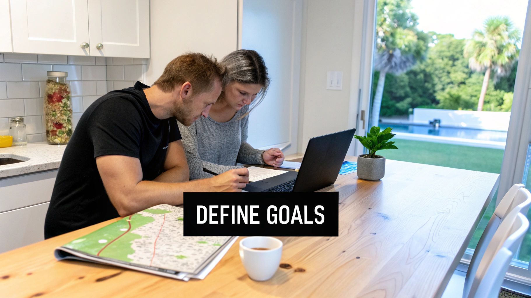 A couple sits at a wooden table with a laptop, documents, and a map, discussing or defining goals.