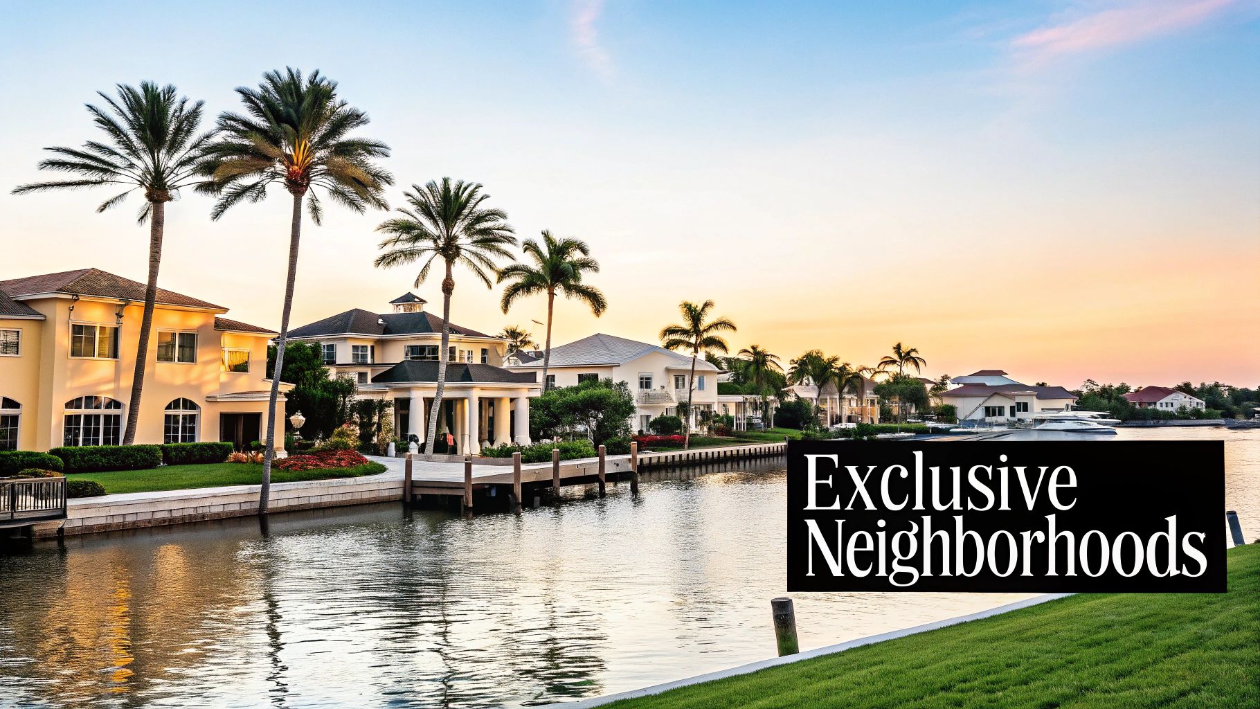 Luxurious waterfront homes with palm trees at sunset in an exclusive neighborhood.