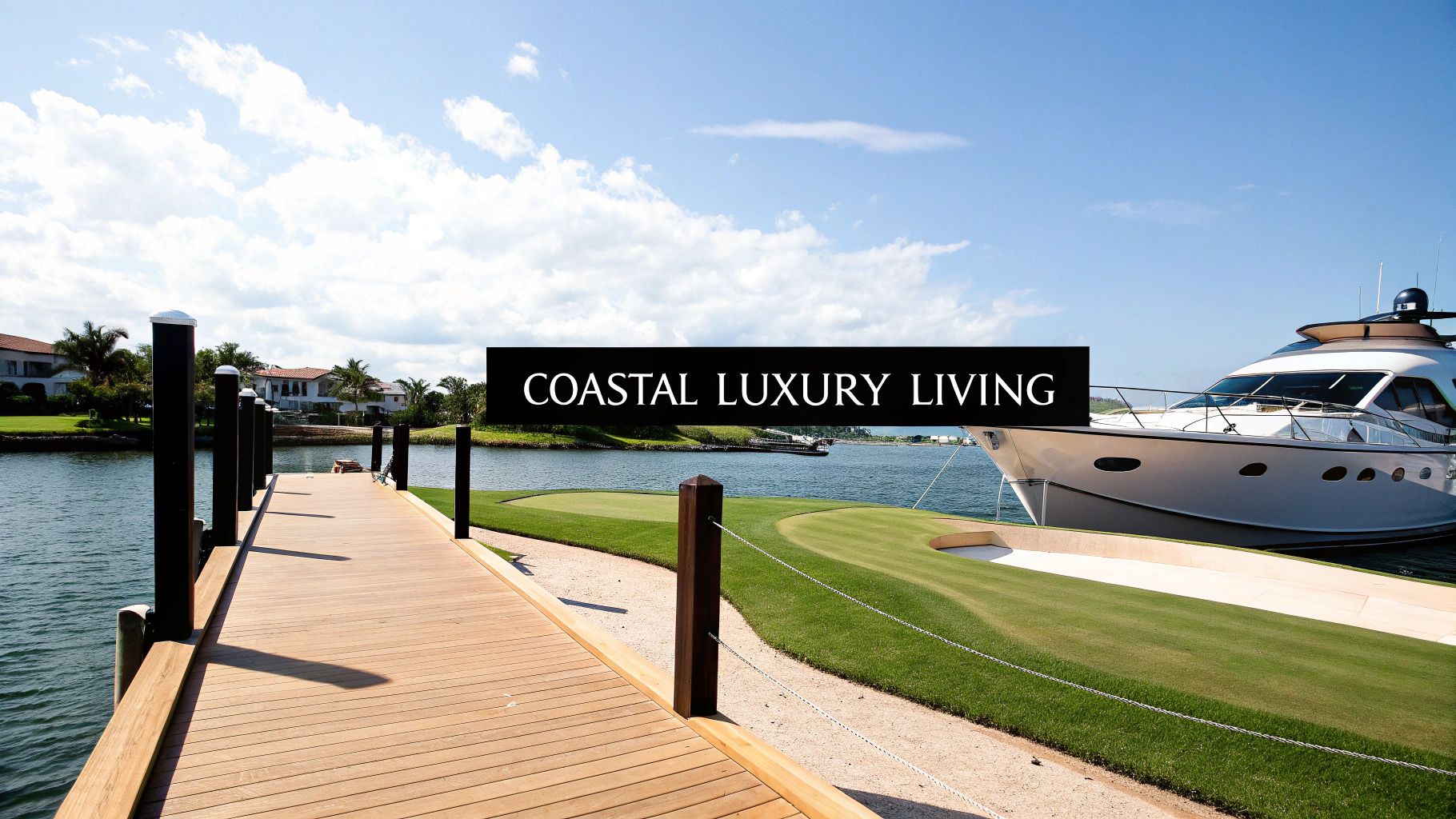 A luxurious coastal scene with a yacht, golf course green, wooden pier, and large waterfront homes.