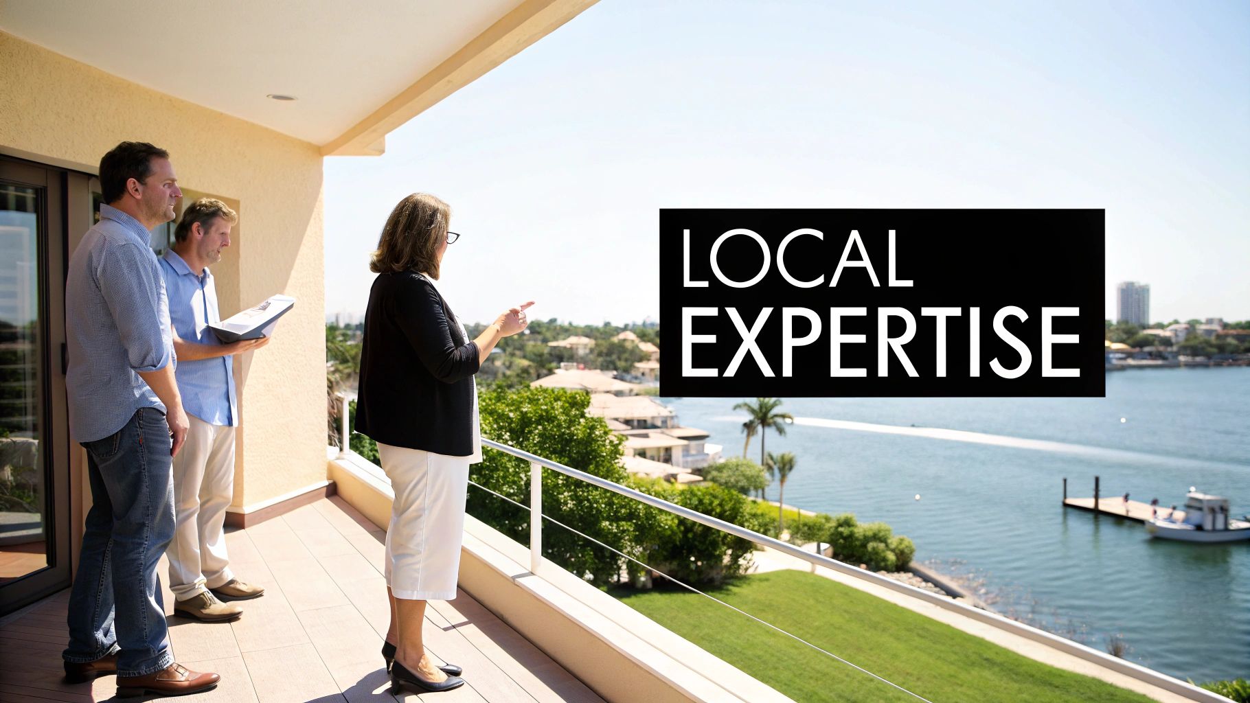 Three people on a balcony, a woman pointing, overlooking a beautiful waterfront view with buildings.