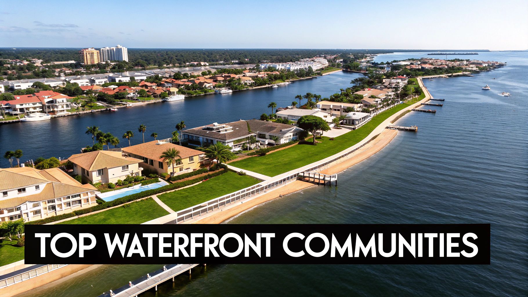 Aerial view of a sunny waterfront community with luxury homes, canals, docks, and boats.