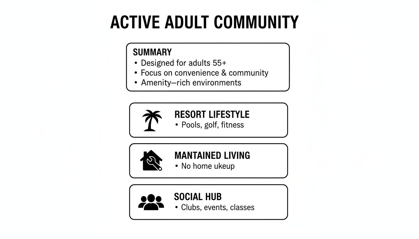 An infographic detailing the features of an active adult community, highlighting lifestyle, maintenance, and social aspects.