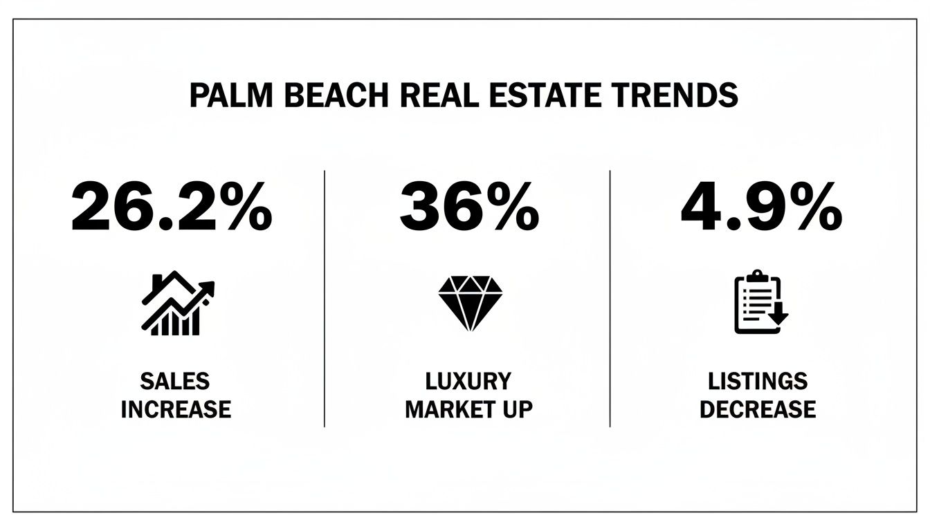 Infographic details Palm Beach real estate trends: sales up 26.2%, luxury market up 36%, listings down 4.9%.