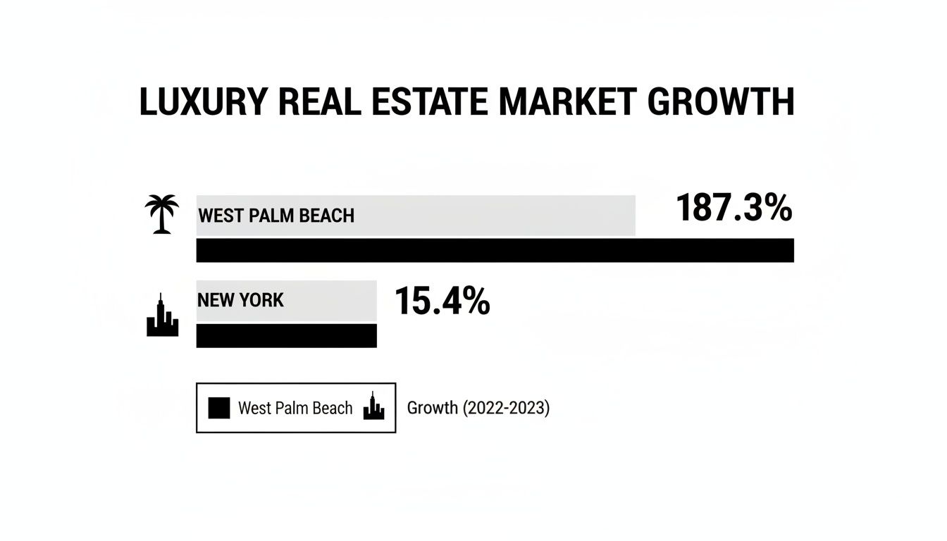 Bar chart comparing luxury real estate growth: West Palm Beach 187.3% vs New York 15.4% (2022-2023).