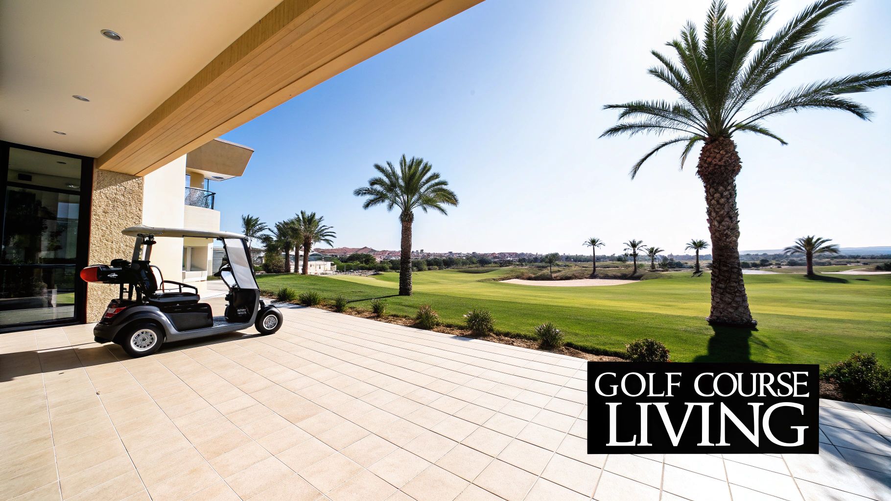 A modern patio with a golf cart overlooking a lush green golf course and palm trees.