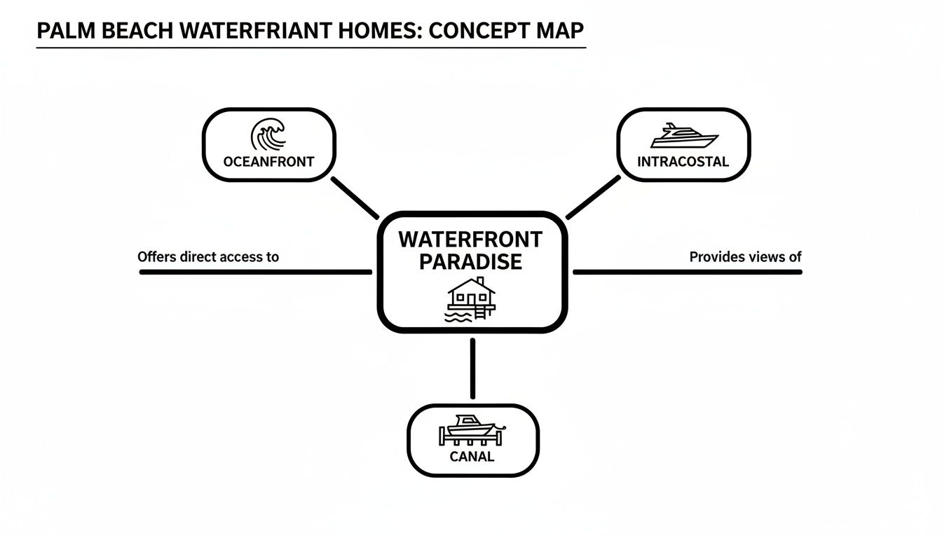 Concept map illustrating different types of Palm Beach waterfront homes, including oceanfront, intracoastal, and canal access.
